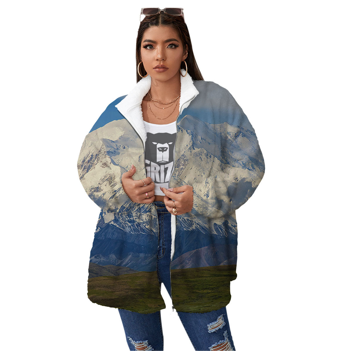 Denali Mountain Print Women's Sherpa Jacket-grizzshop