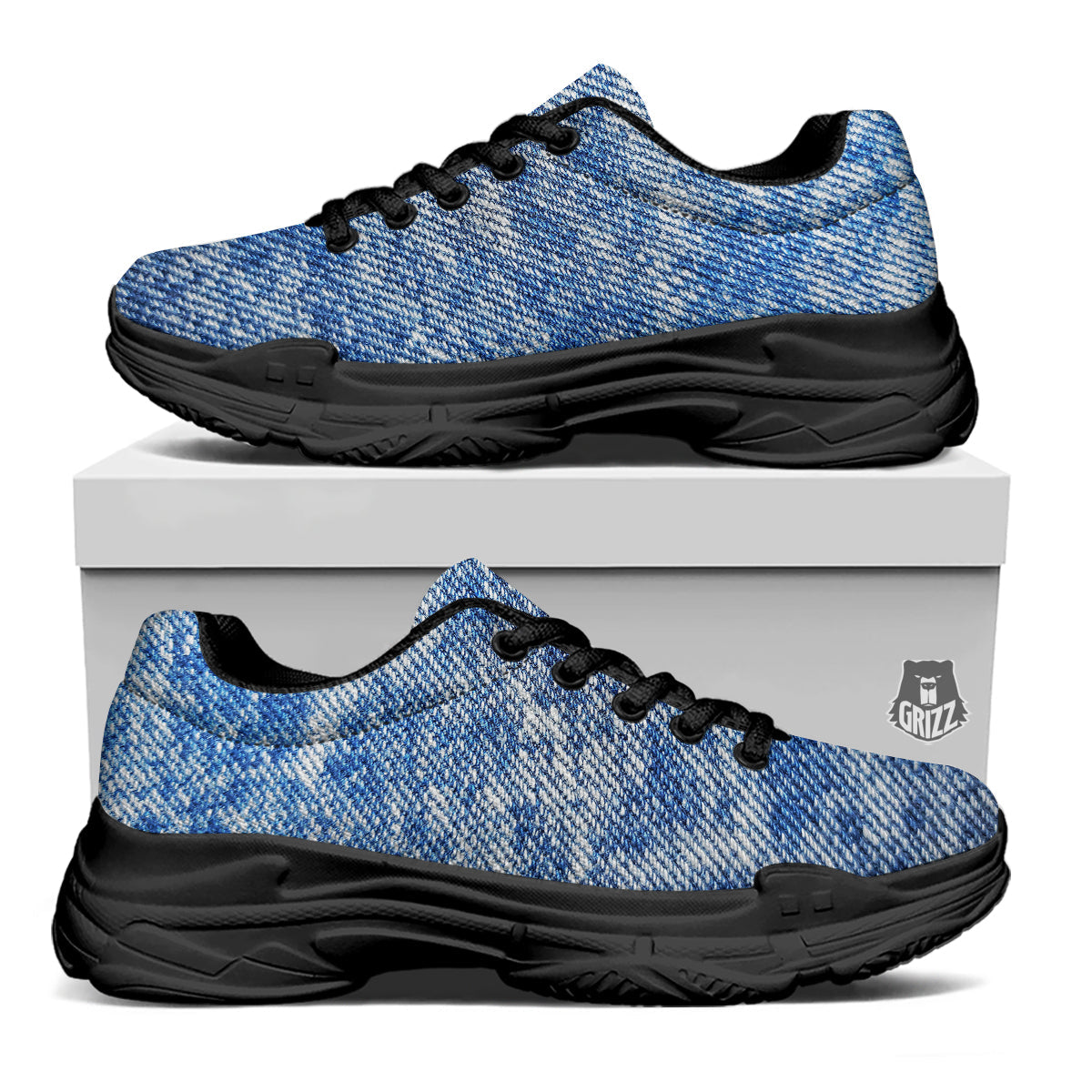 Denim Jeans Acid Wash Print Pattern Black Chunky Shoes-grizzshop