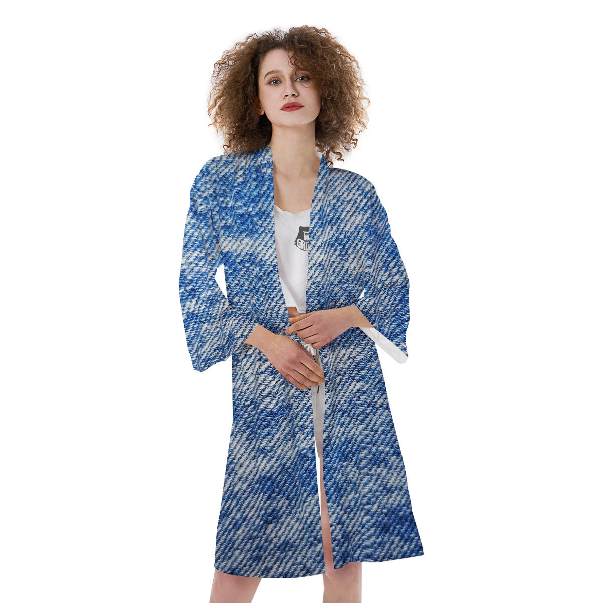 Denim Jeans Acid Wash Print Pattern Kimono-grizzshop