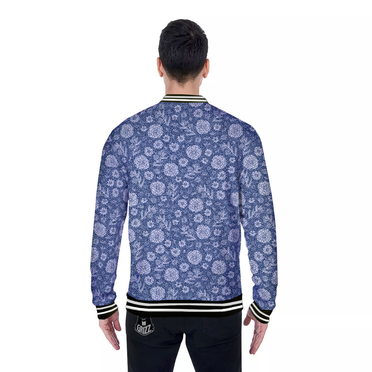Denim Jeans Flower Print Pattern Baseball Jacket-grizzshop