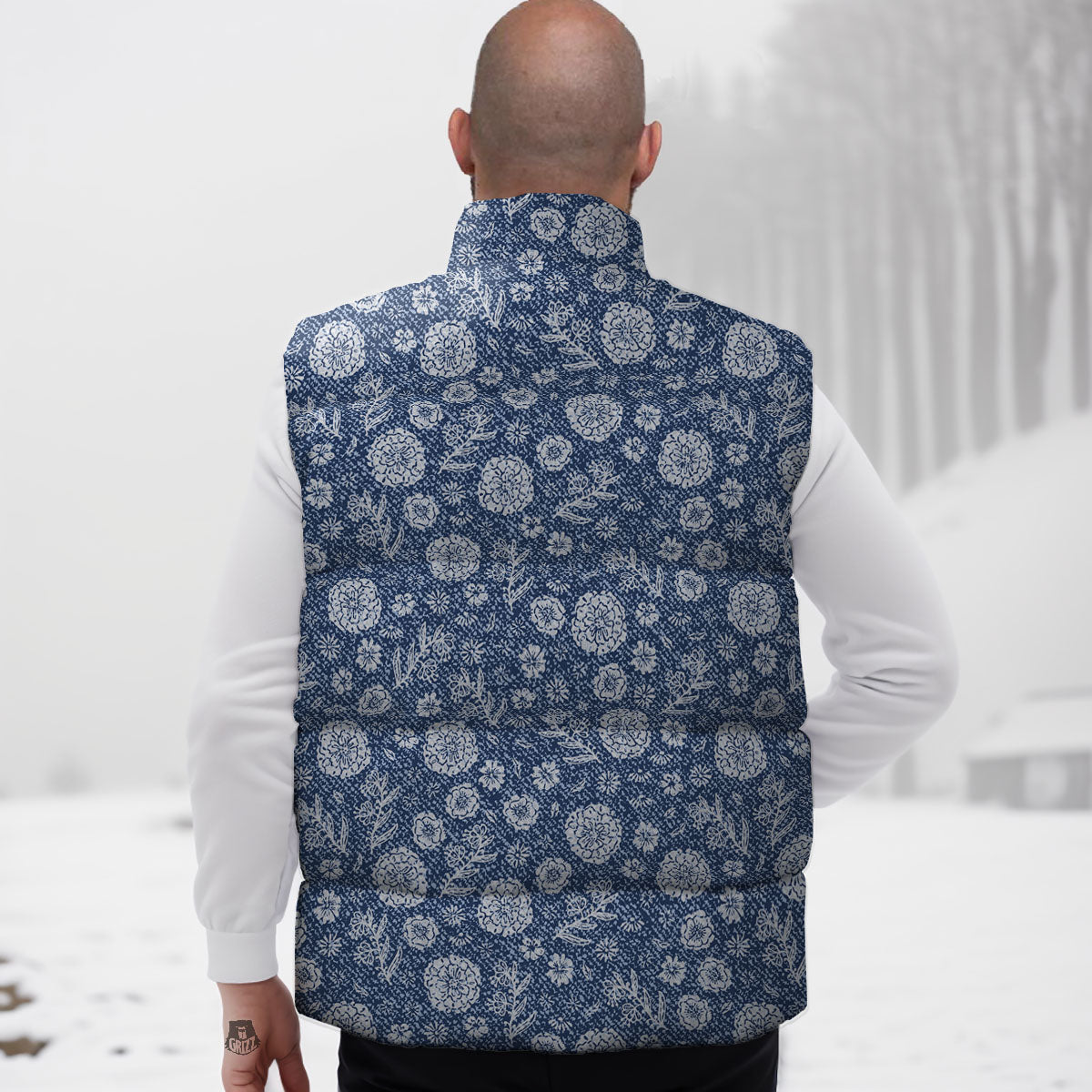 Denim Jeans Flower Print Pattern Down Vest-grizzshop