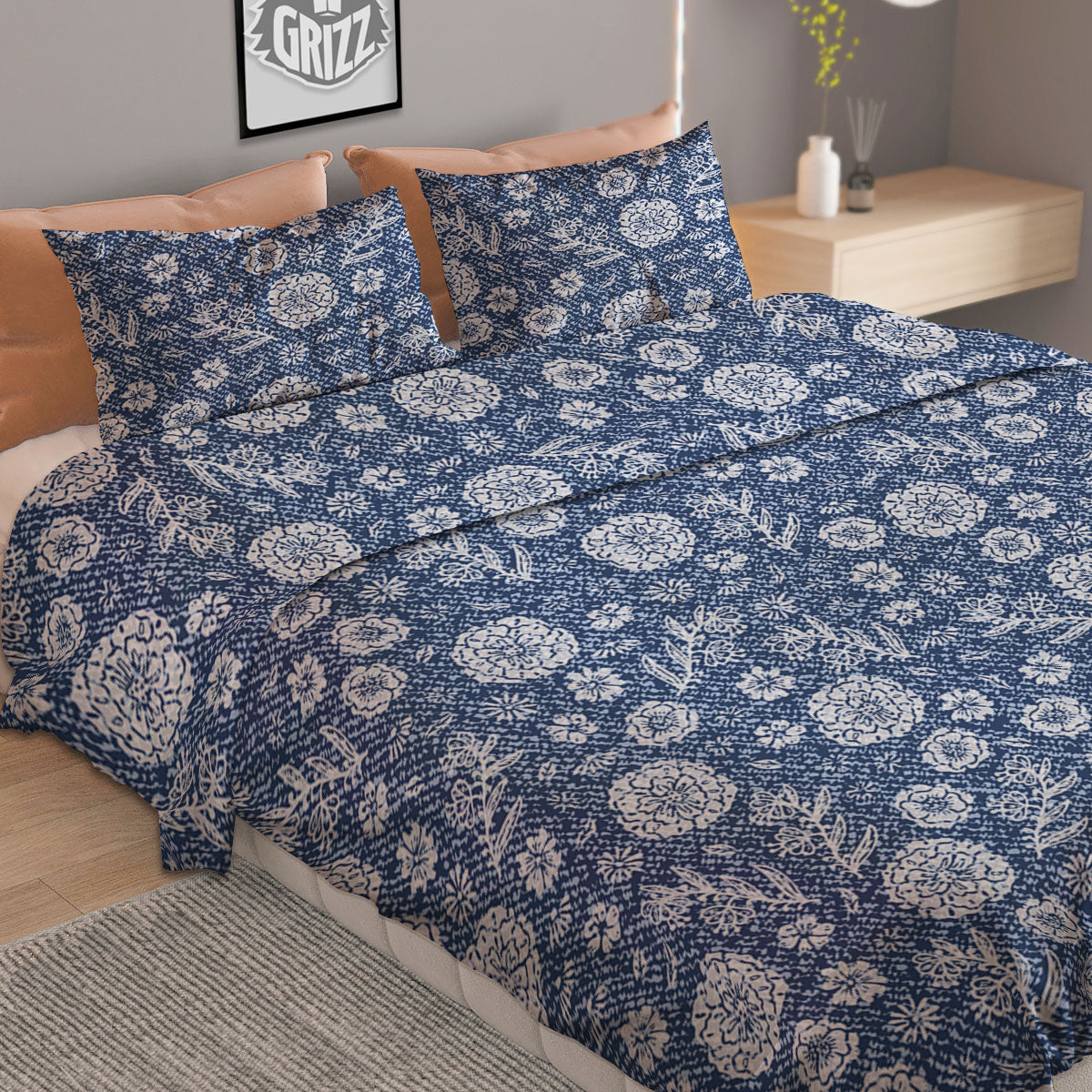 Denim Jeans Flower Print Pattern Duvet Cover Bedding Set