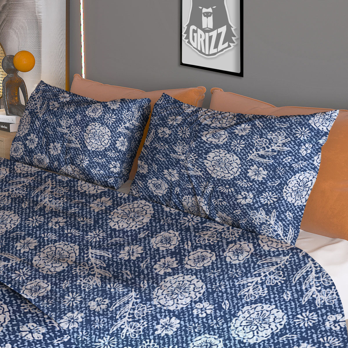 Denim Jeans Flower Print Pattern Duvet Cover Bedding Set