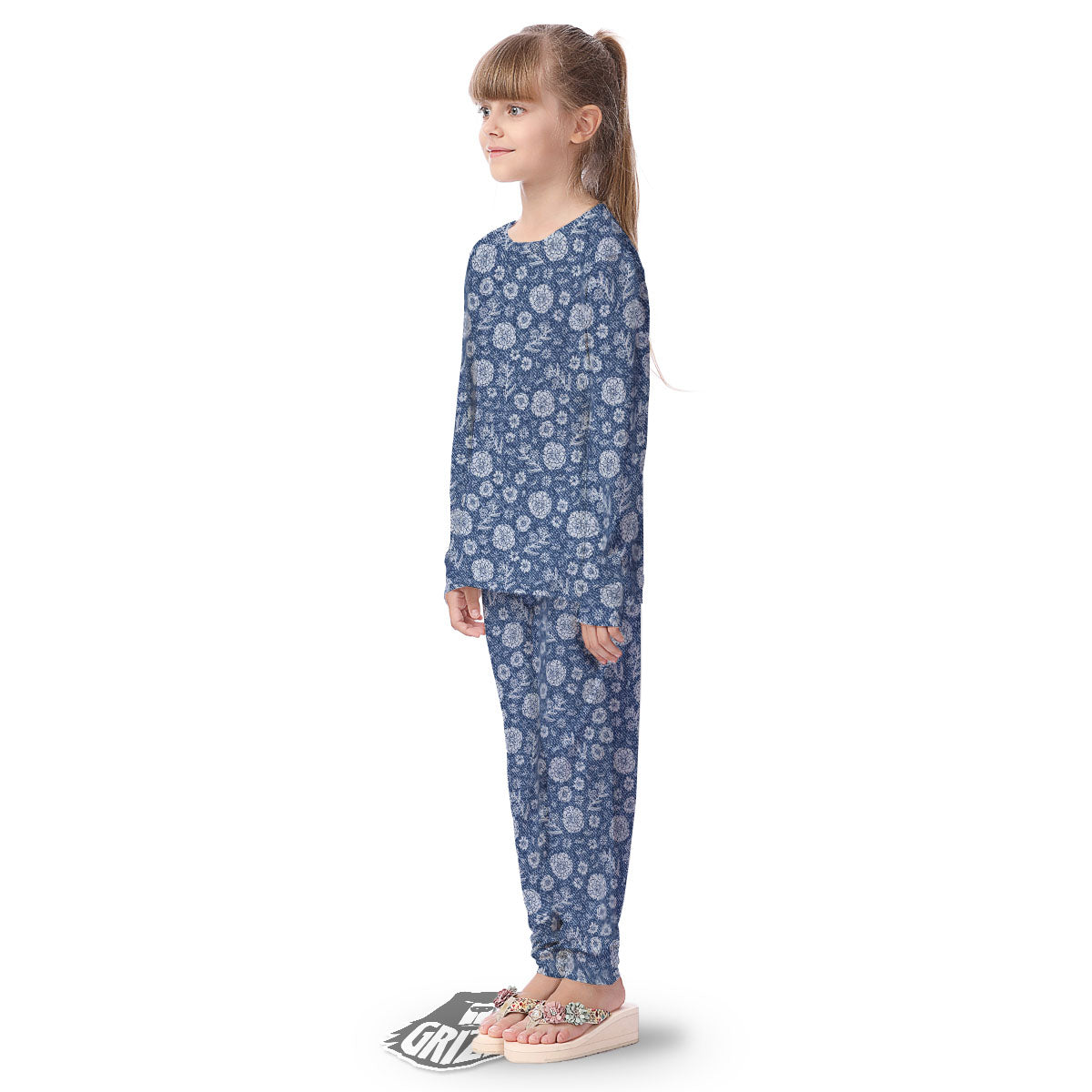 Denim Jeans Flower Print Pattern Kid's Pajamas-grizzshop