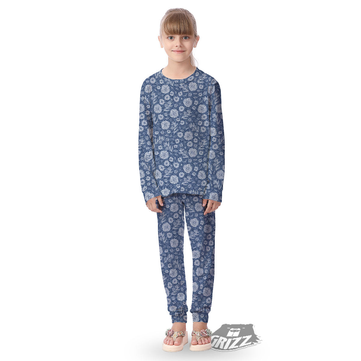 Denim Jeans Flower Print Pattern Kid's Pajamas-grizzshop