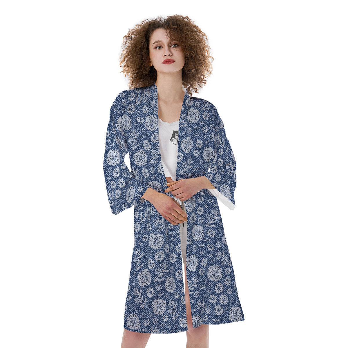 Denim Jeans Flower Print Pattern Kimono-grizzshop
