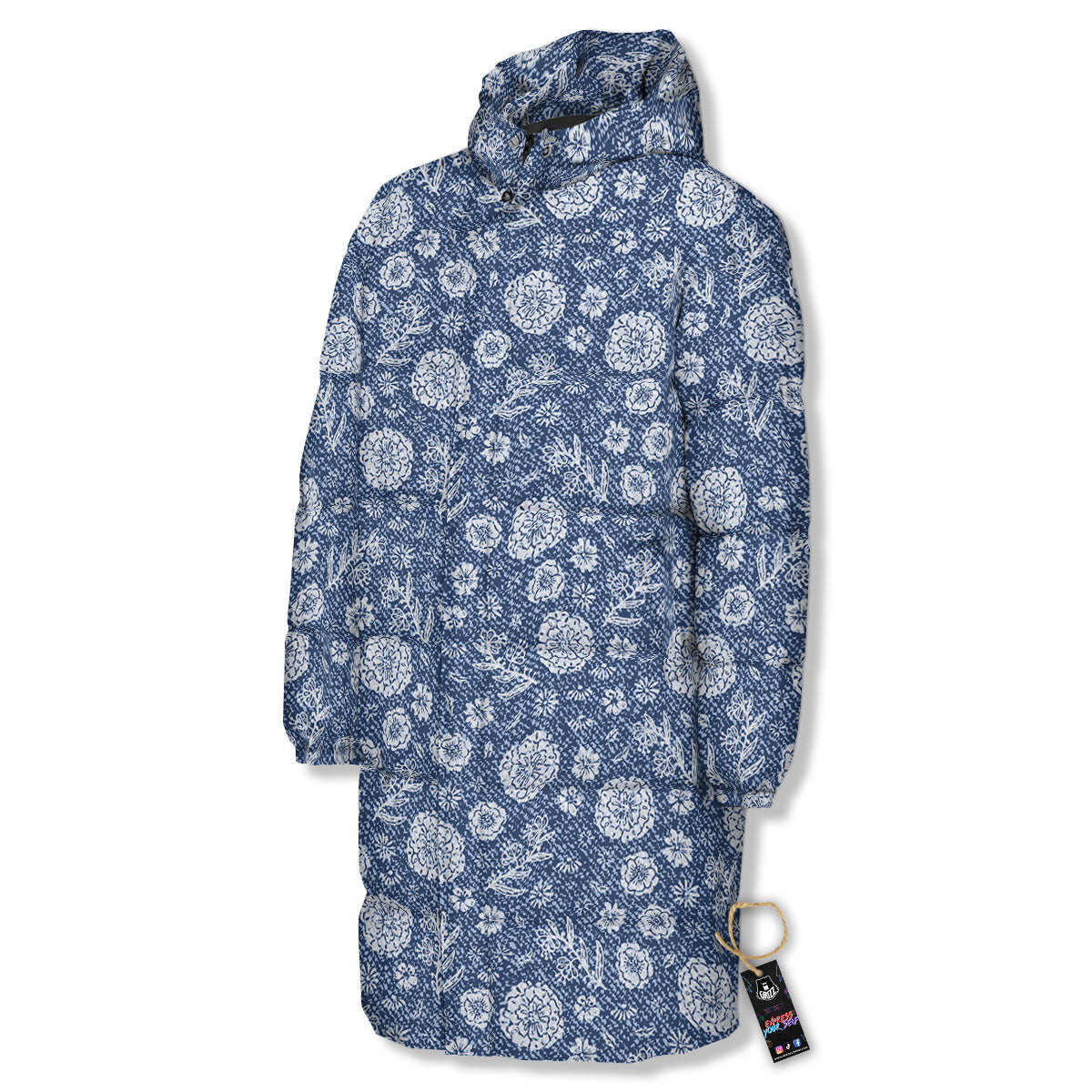 Denim Jeans Flower Print Pattern Long Down Jacket-grizzshop