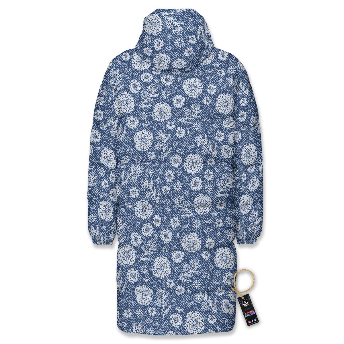 Denim Jeans Flower Print Pattern Long Down Jacket-grizzshop