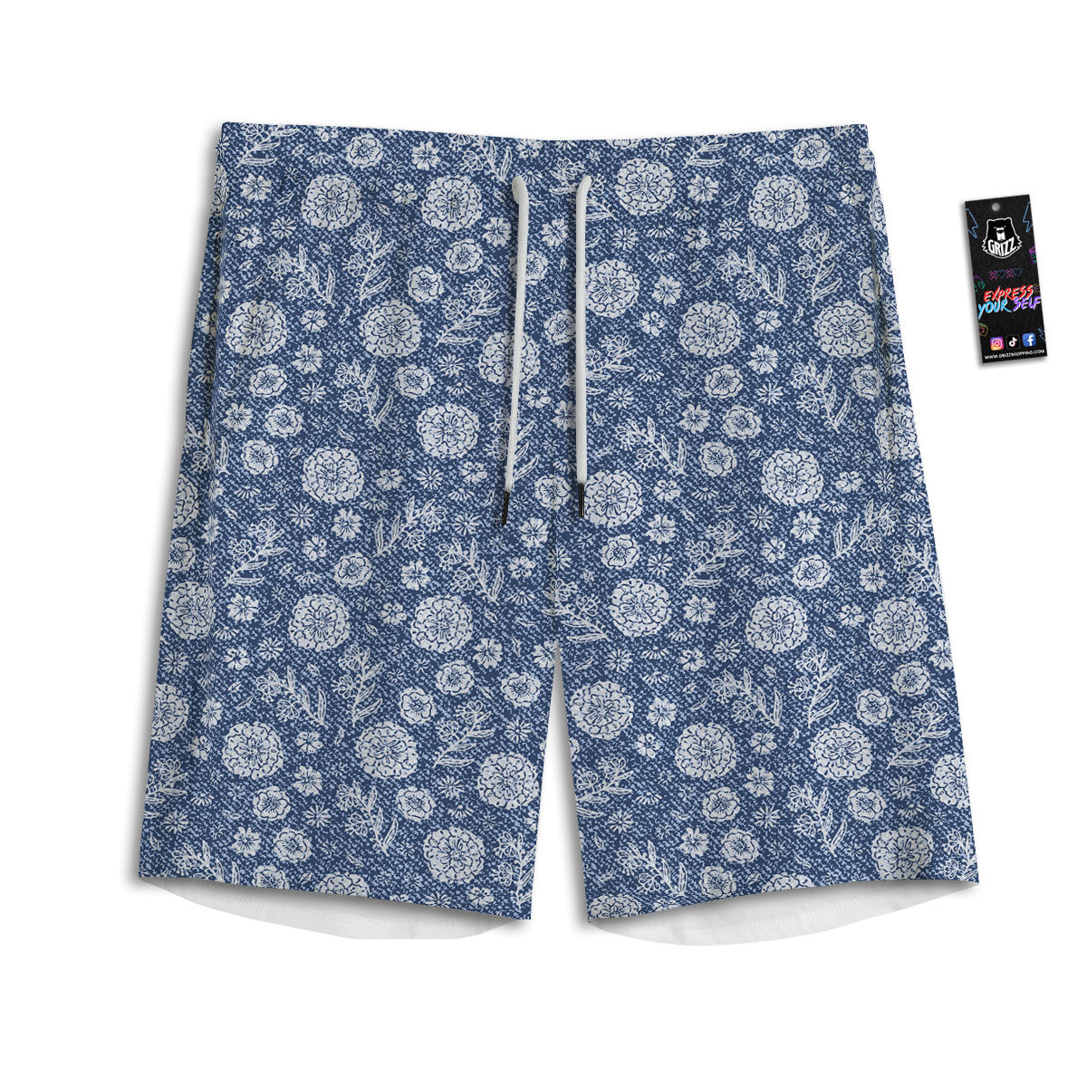Denim Jeans Flower Print Pattern Men's Athletic Shorts-grizzshop