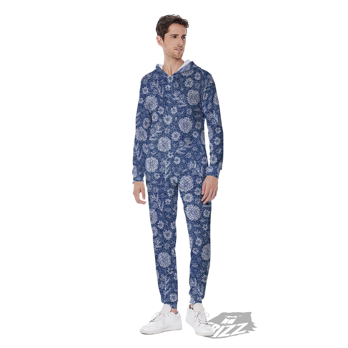 Denim Jeans Flower Print Pattern Men's Jumpsuit-grizzshop