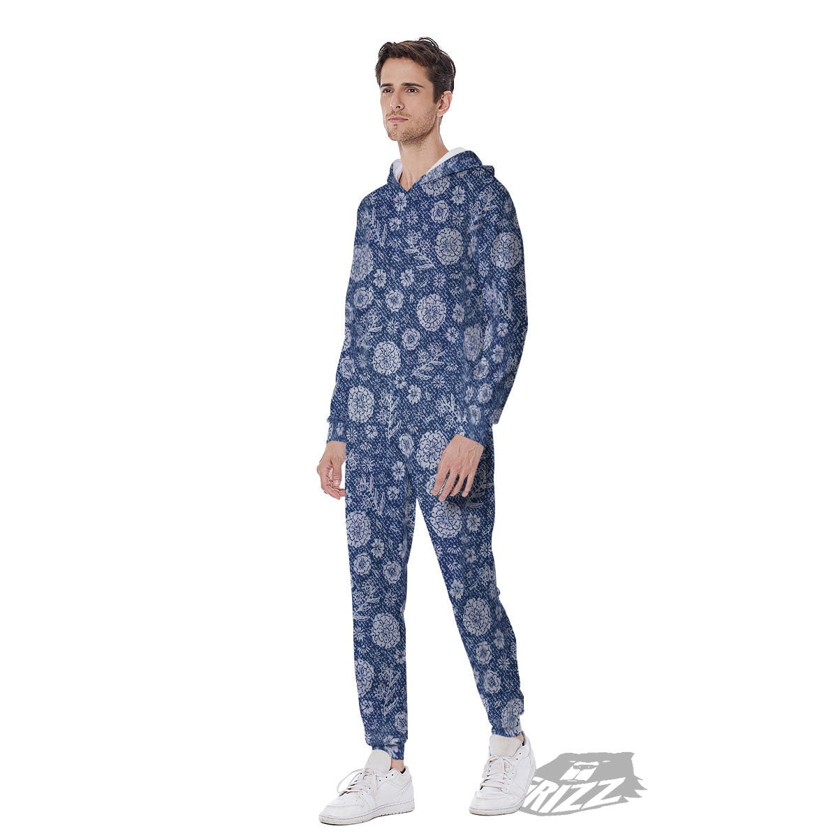 Denim Jeans Flower Print Pattern Men's Jumpsuit-grizzshop