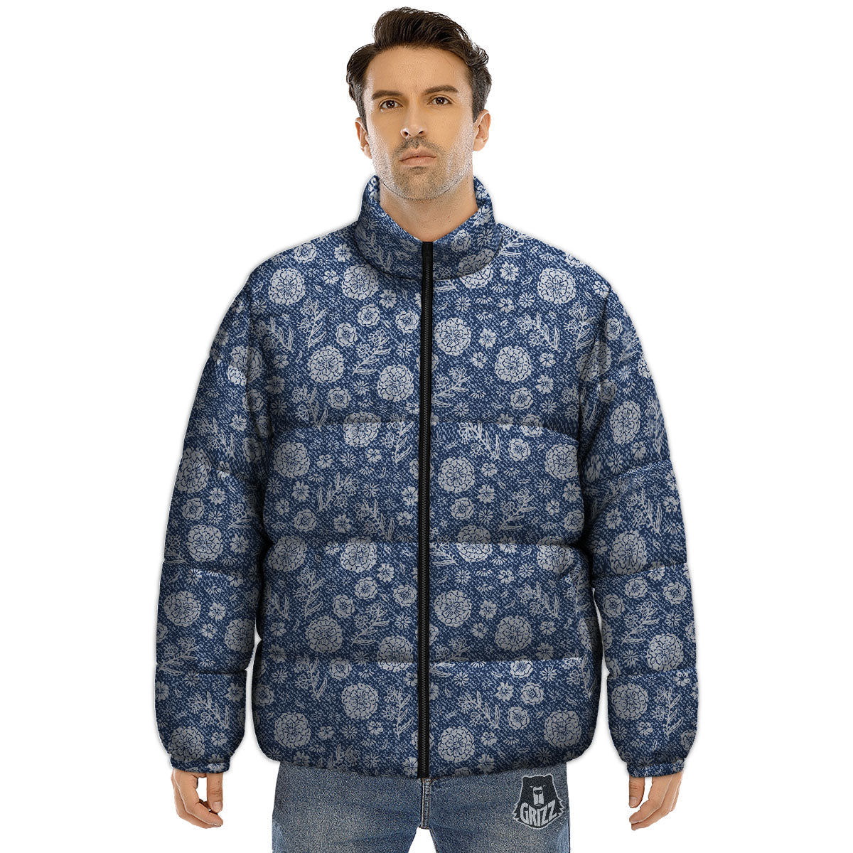 Denim Jeans Flower Print Pattern Puffer Jacket-grizzshop