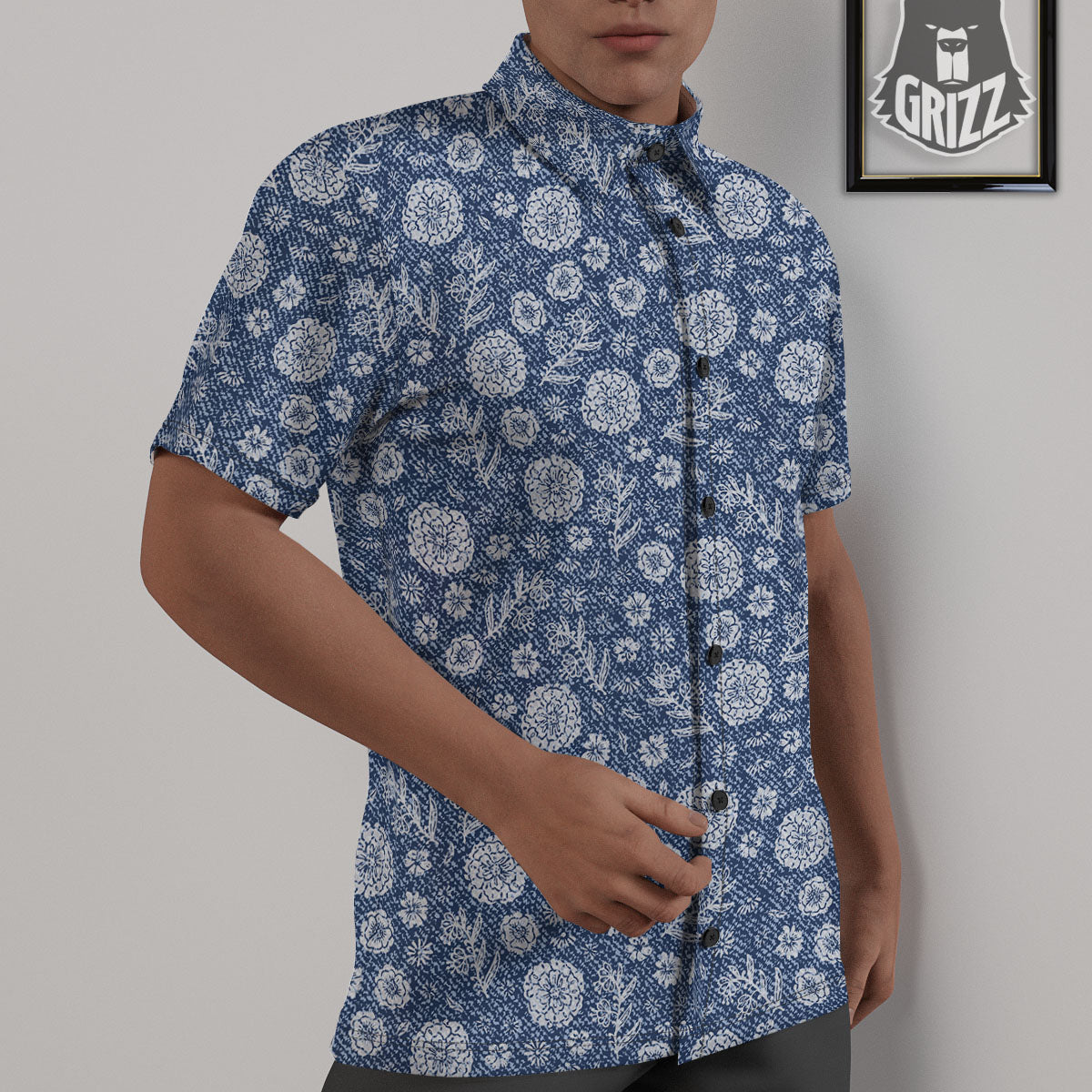 Denim Jeans Flower Print Pattern Untucked Shirts-grizzshop