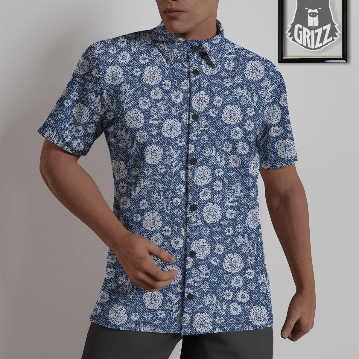 Denim Jeans Flower Print Pattern Untucked Shirts-grizzshop