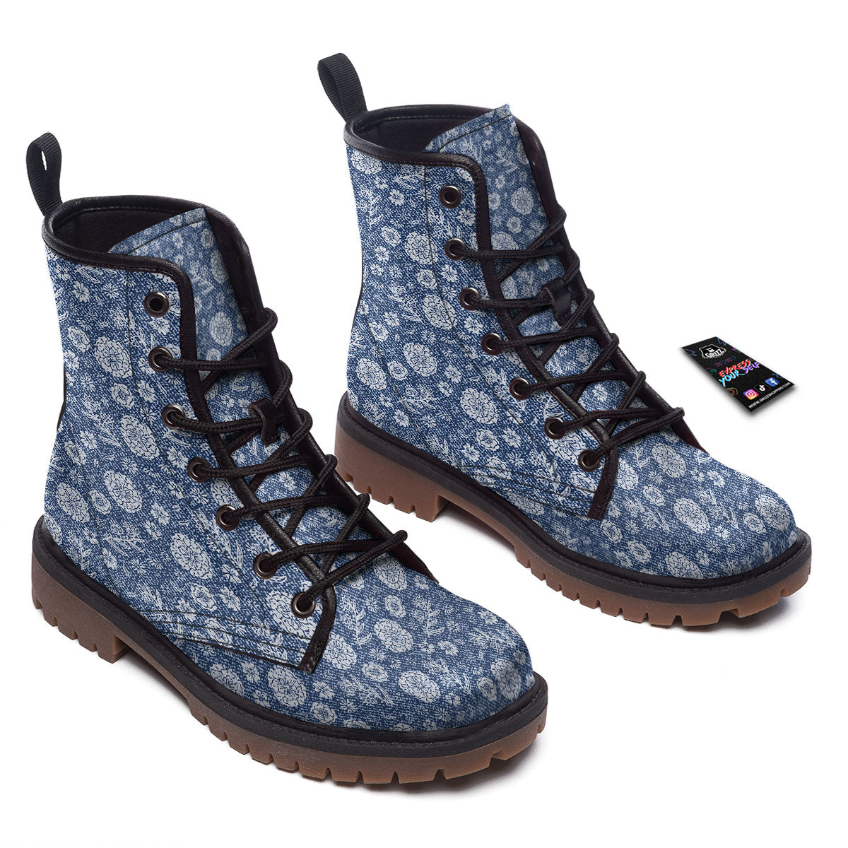 Denim Jeans Flower Print Pattern Work Boots-grizzshop