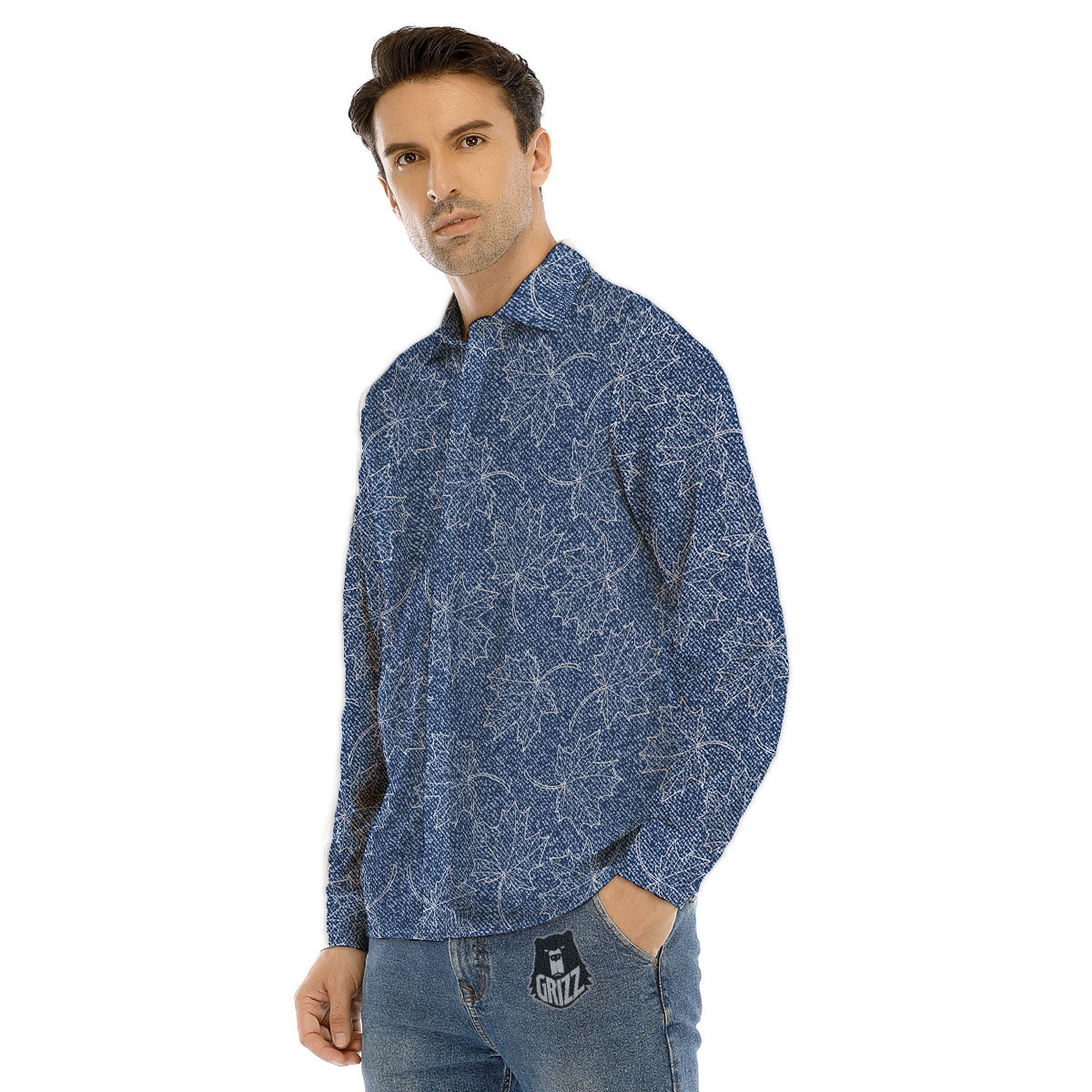 Denim Jeans Maple Leaf Print Pattern Men's Dress Shirts-grizzshop