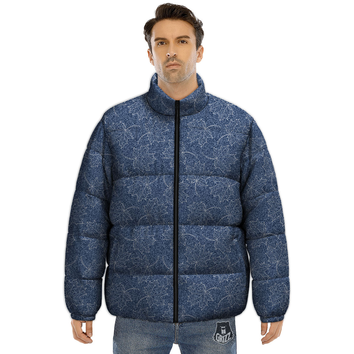 Denim Jeans Maple Leaf Print Pattern Puffer Jacket-grizzshop