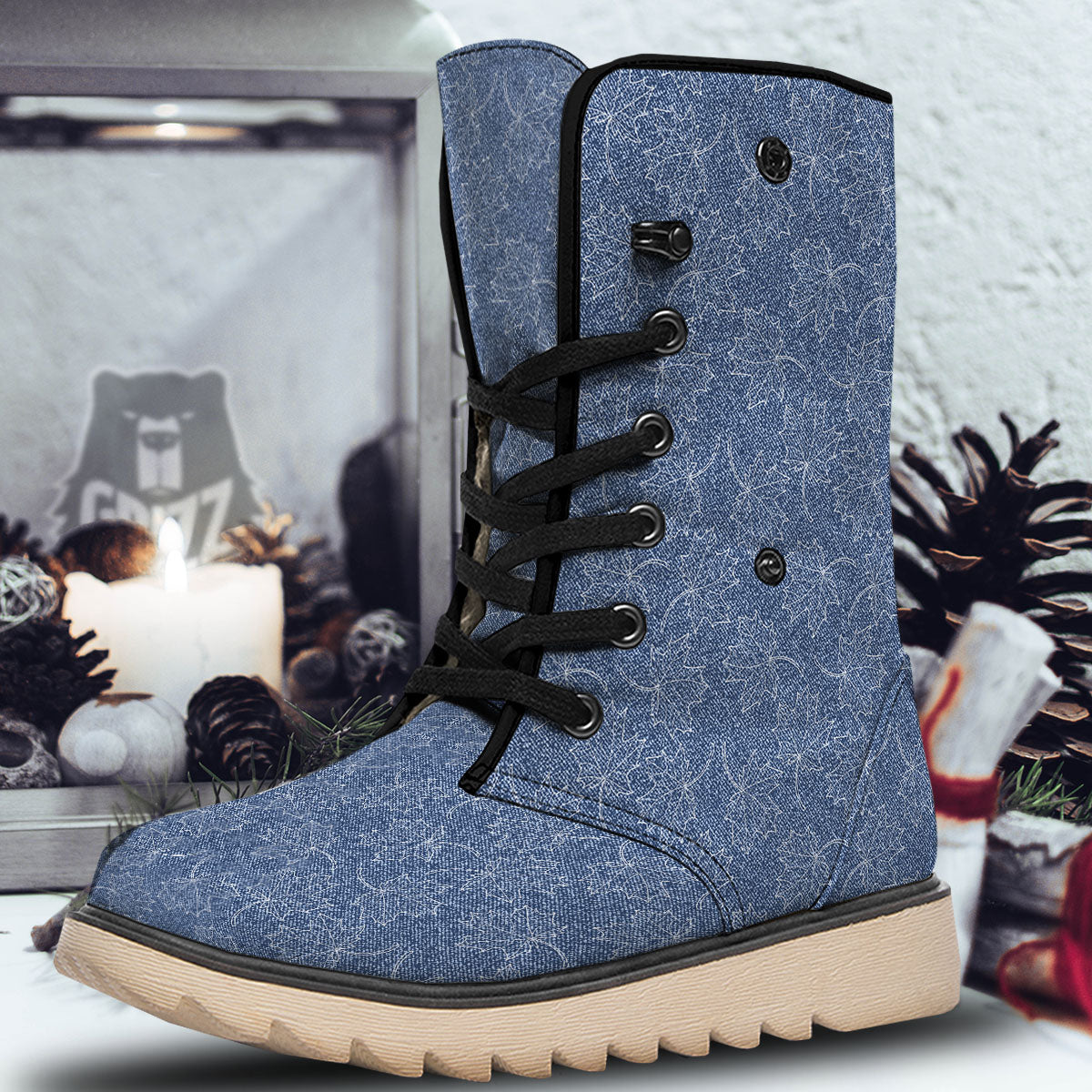 Denim Jeans Maple Leaf Print Pattern Snow Boots-grizzshop