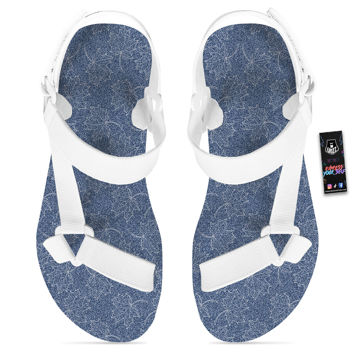 Denim Jeans Maple Leaf Print Pattern White Open Toe Sandals-grizzshop