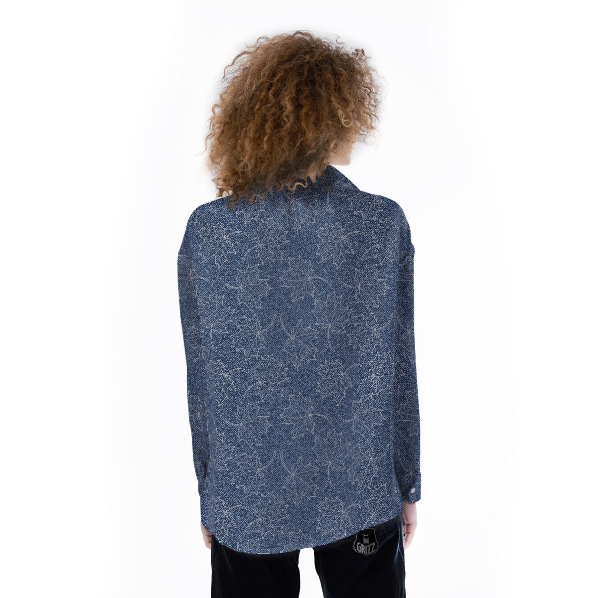 Denim Jeans Maple Leaf Print Pattern Women's Long Sleeve Shirts-grizzshop