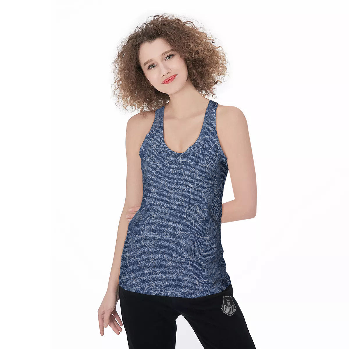 Denim Jeans Maple Leaf Print Pattern Women's Racerback Tank Top-grizzshop