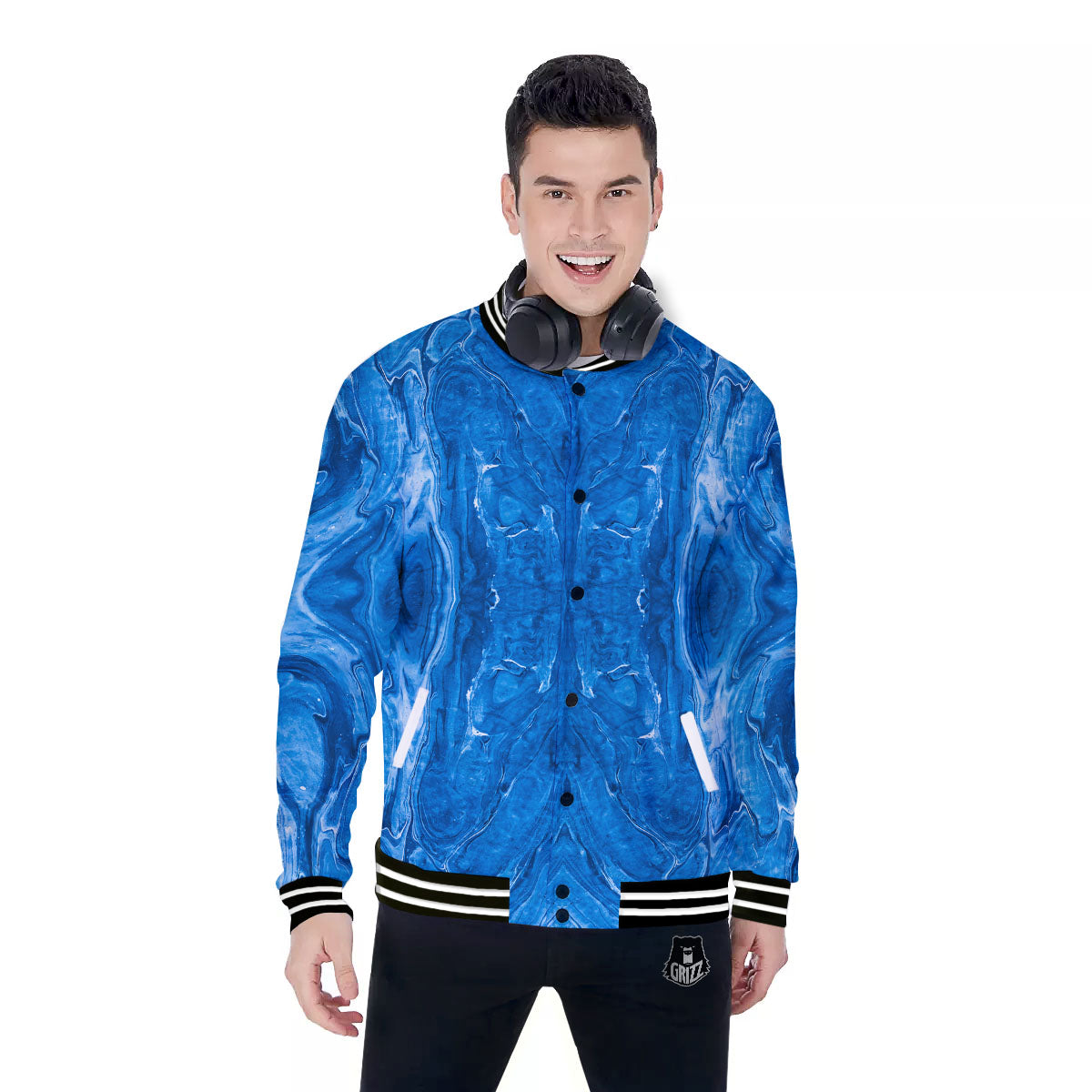 Denim Jeans Marble Print Pattern Baseball Jacket-grizzshop