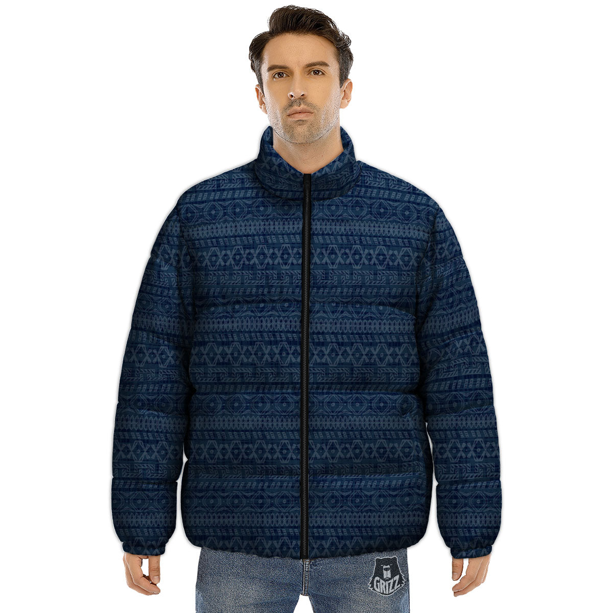 Denim Jeans Native Print Pattern Puffer Jacket-grizzshop