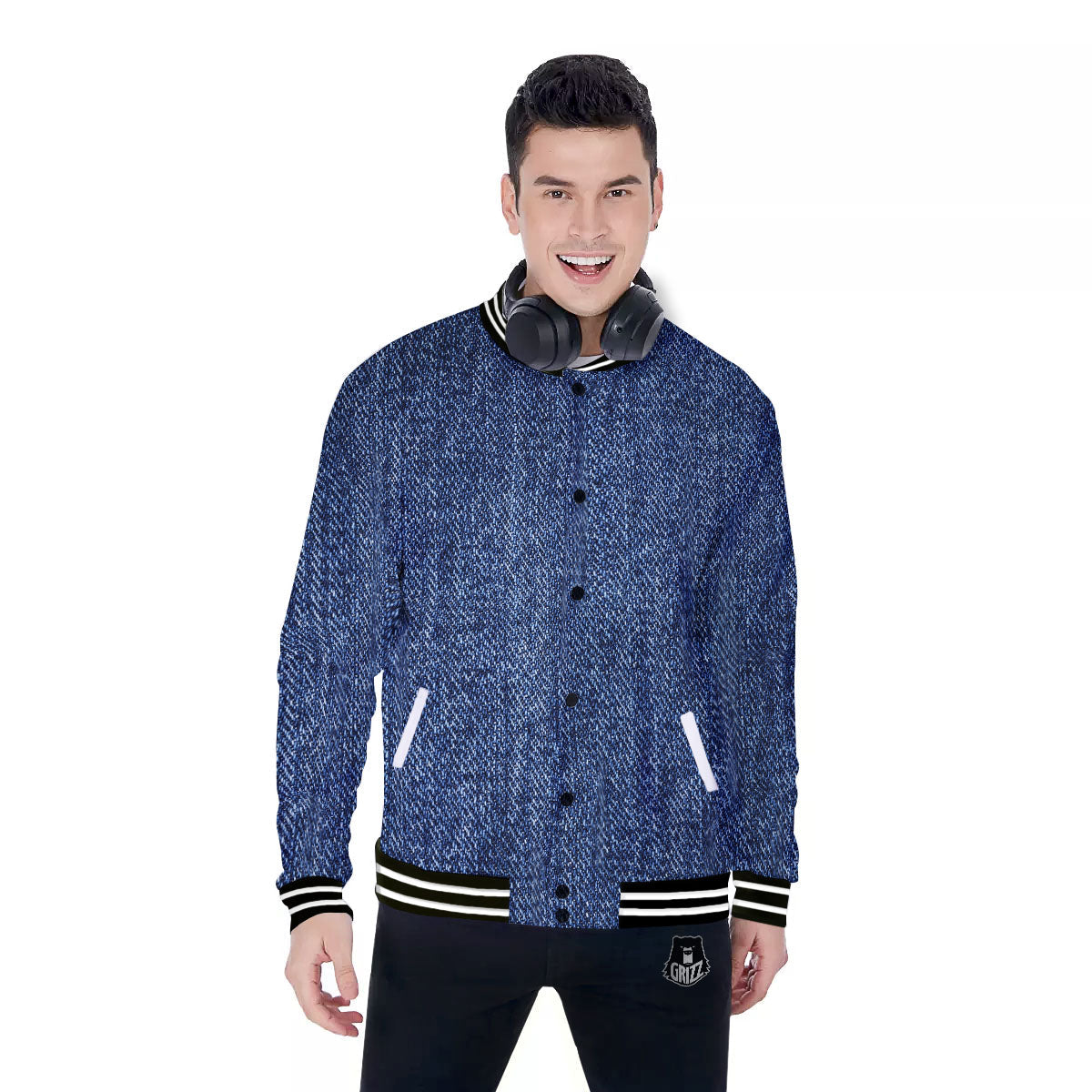Denim Jeans Navy Blue Print Baseball Jacket-grizzshop