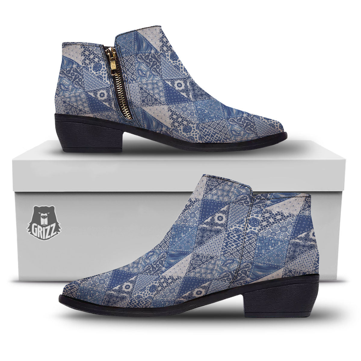 Denim Jeans Patchwork Print Pattern Ankle Boots-grizzshop