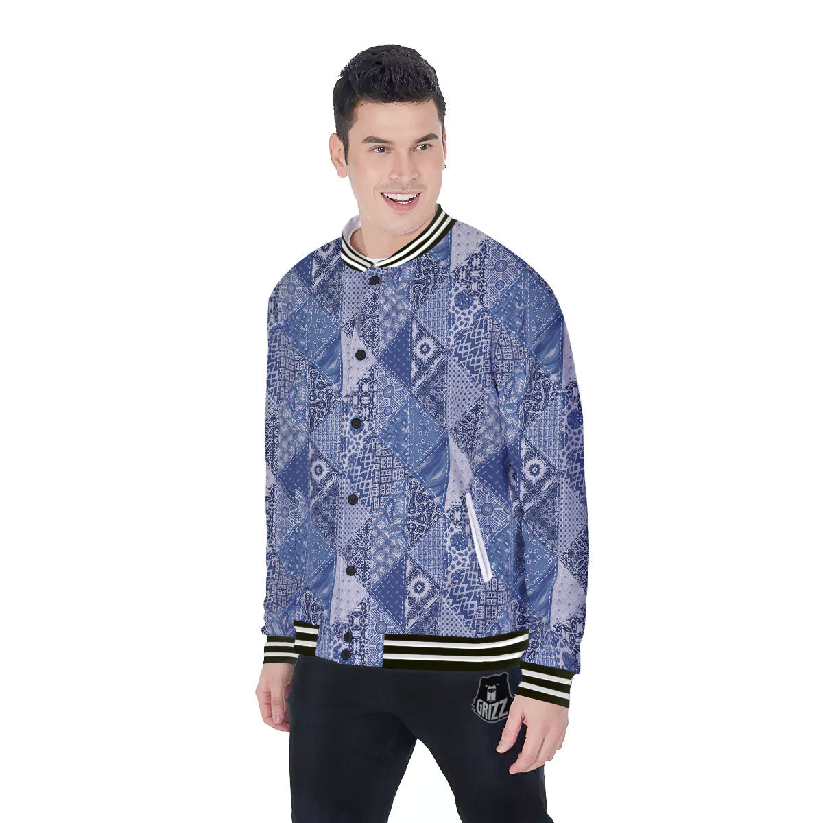 Denim Jeans Patchwork Print Pattern Baseball Jacket-grizzshop
