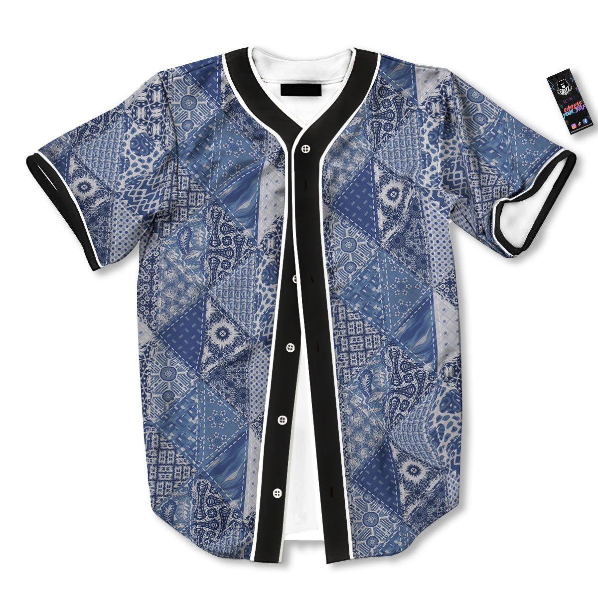 Denim Jeans Patchwork Print Pattern Baseball Jersey-grizzshop