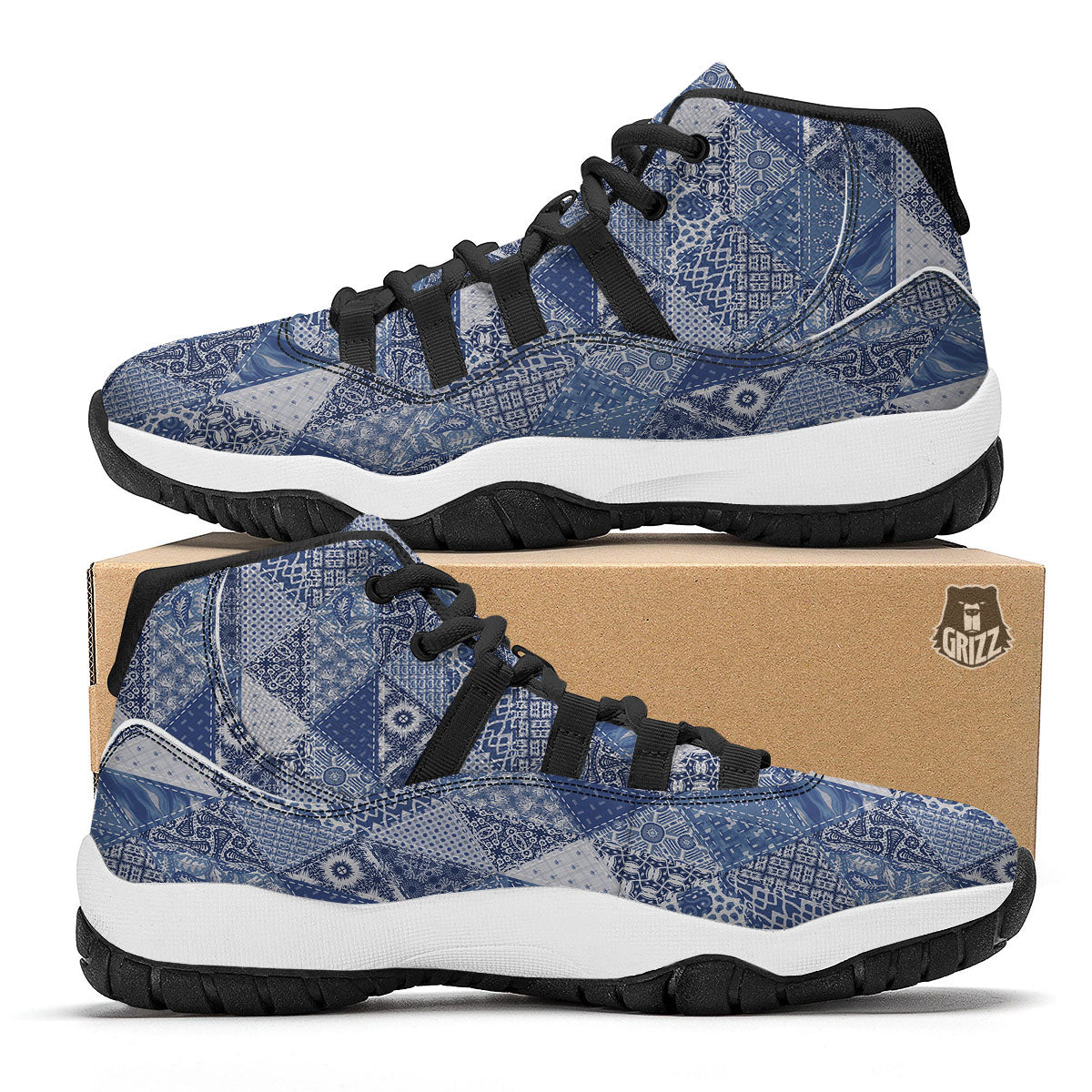 Denim Jeans Patchwork Print Pattern Black Bball Shoes-grizzshop