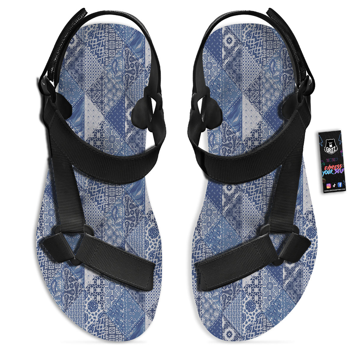 Denim Jeans Patchwork Print Pattern Black Open Toe Sandals-grizzshop
