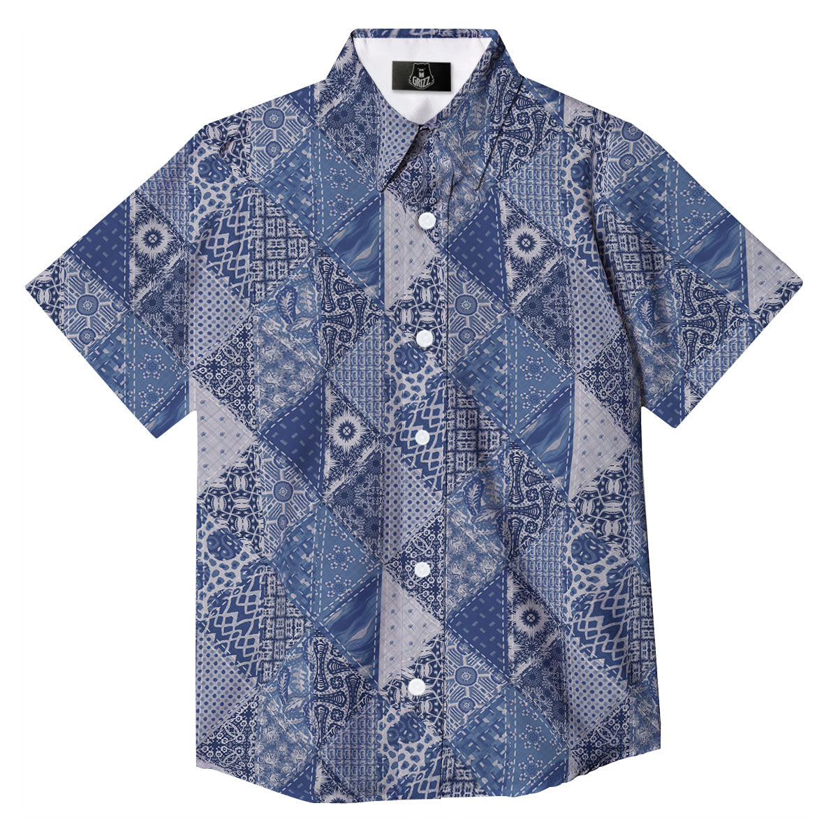 Denim Jeans Patchwork Print Pattern Button Up Shirt-grizzshop