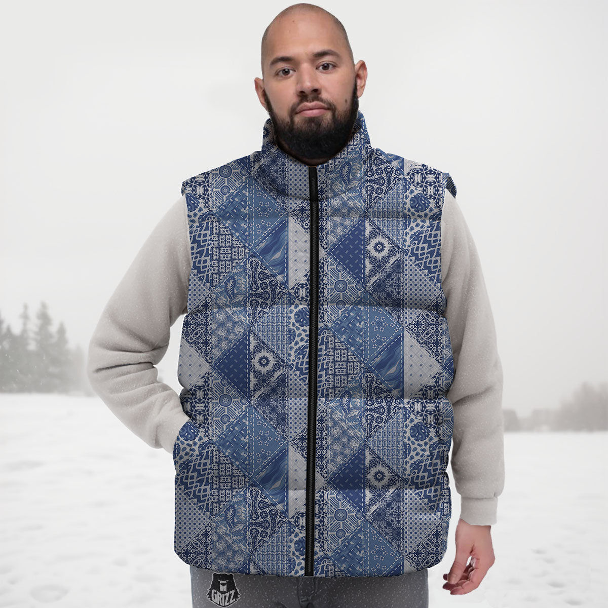 Denim Jeans Patchwork Print Pattern Down Vest