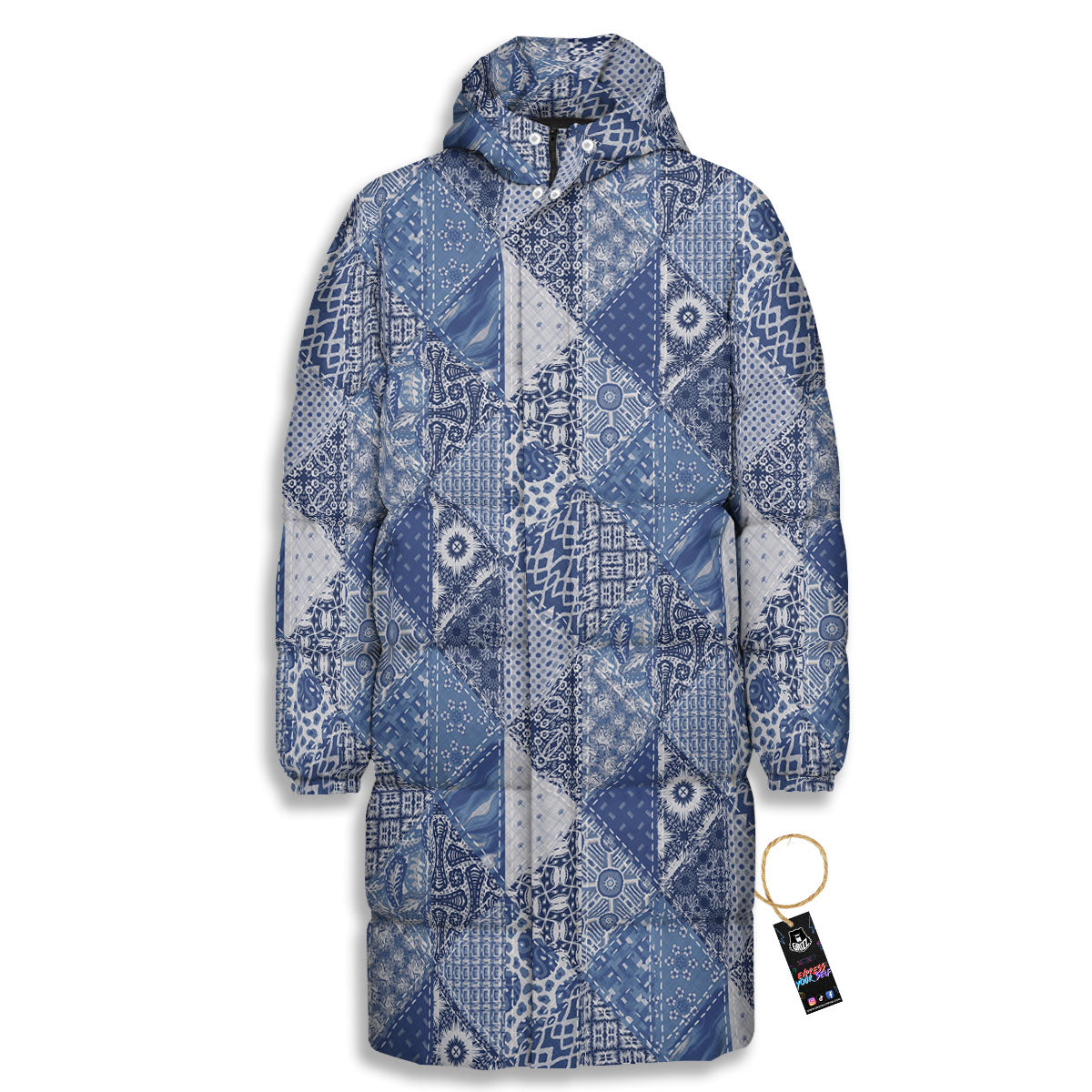 Denim Jeans Patchwork Print Pattern Long Down Jacket-grizzshop