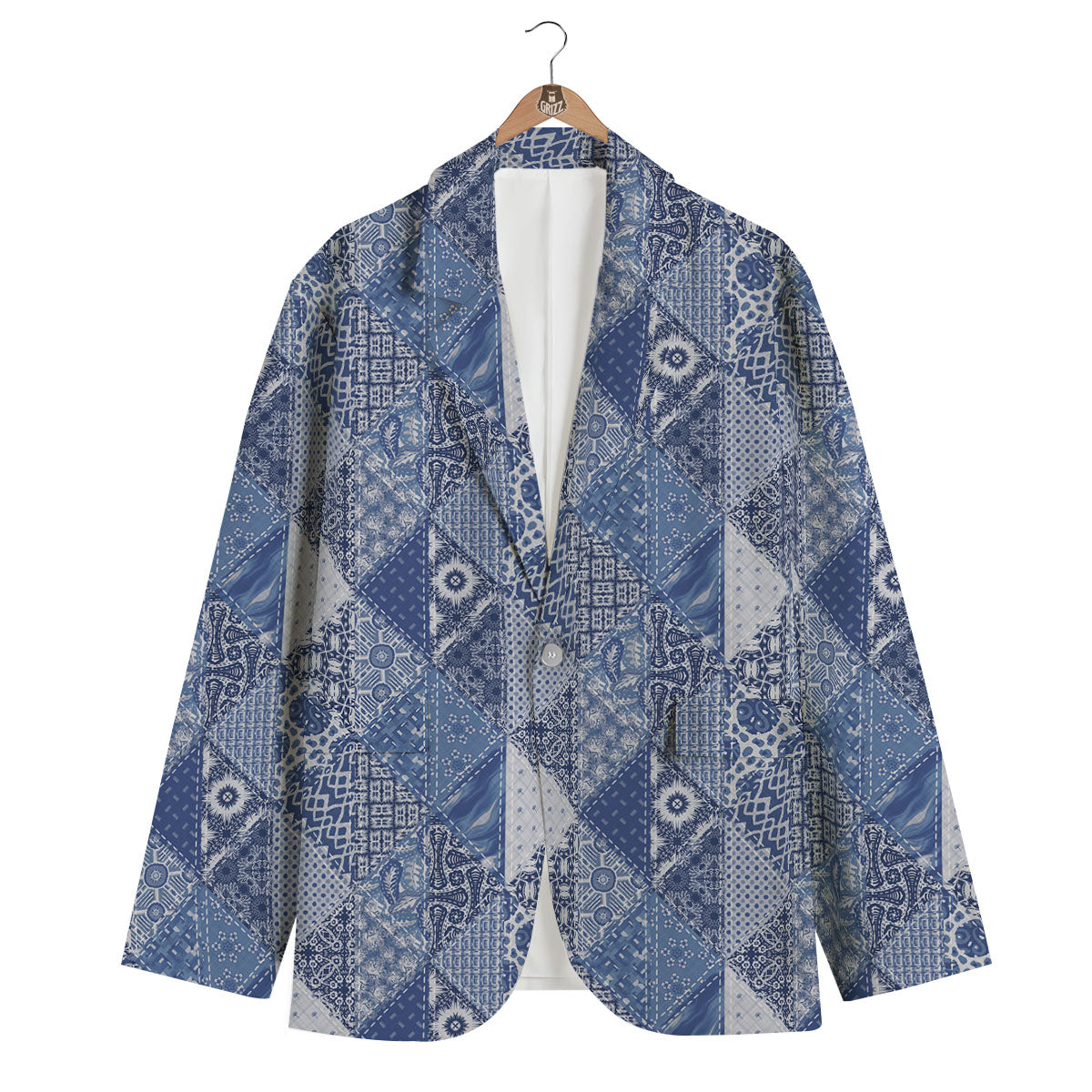 Denim Jeans Patchwork Print Pattern Men's Blazer-grizzshop