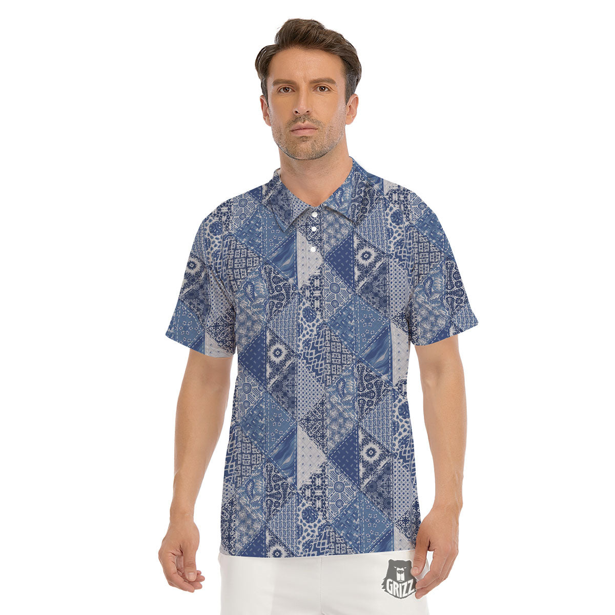Denim Jeans Patchwork Print Pattern Men's Golf Shirts-grizzshop