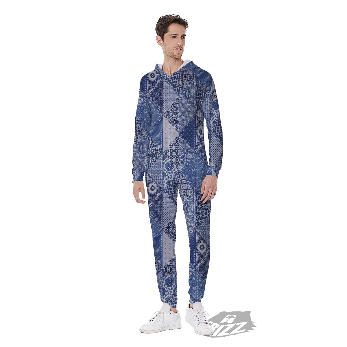 Denim Jeans Patchwork Print Pattern Men's Jumpsuit-grizzshop
