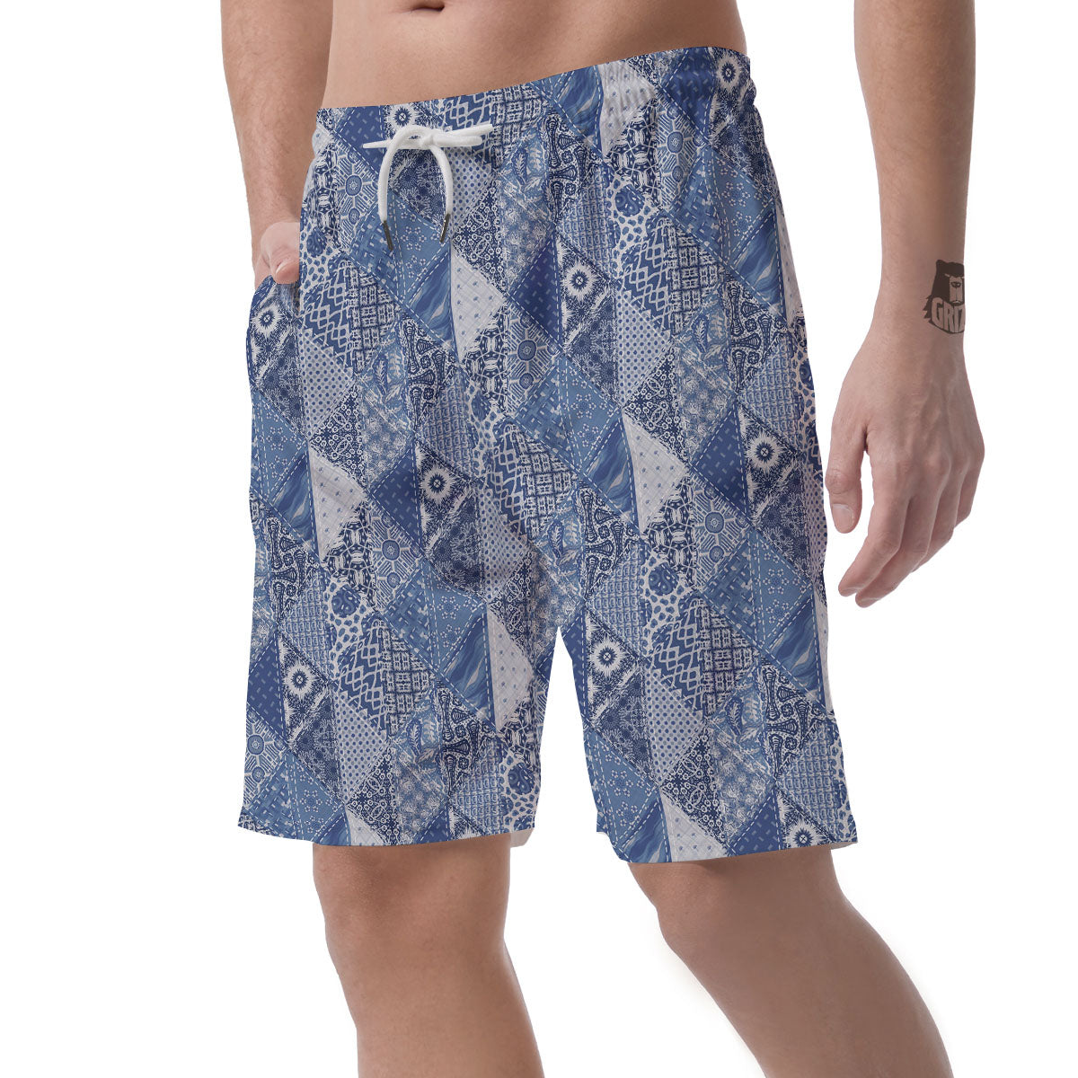 Denim Jeans Patchwork Print Pattern Men's Shorts-grizzshop