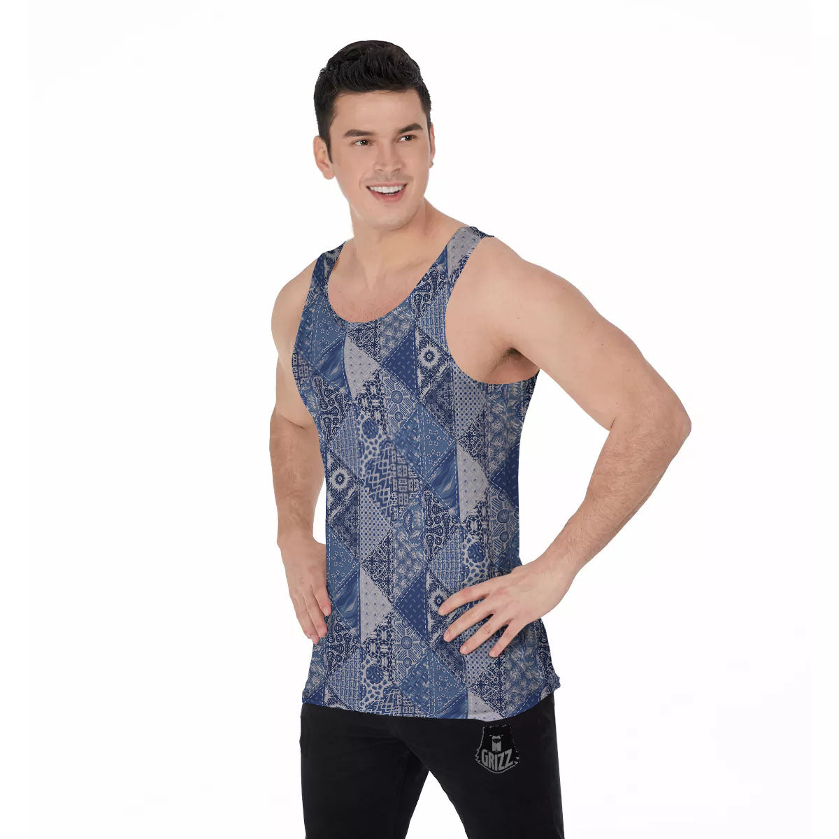 Denim Jeans Patchwork Print Pattern Men's Tank Top-grizzshop