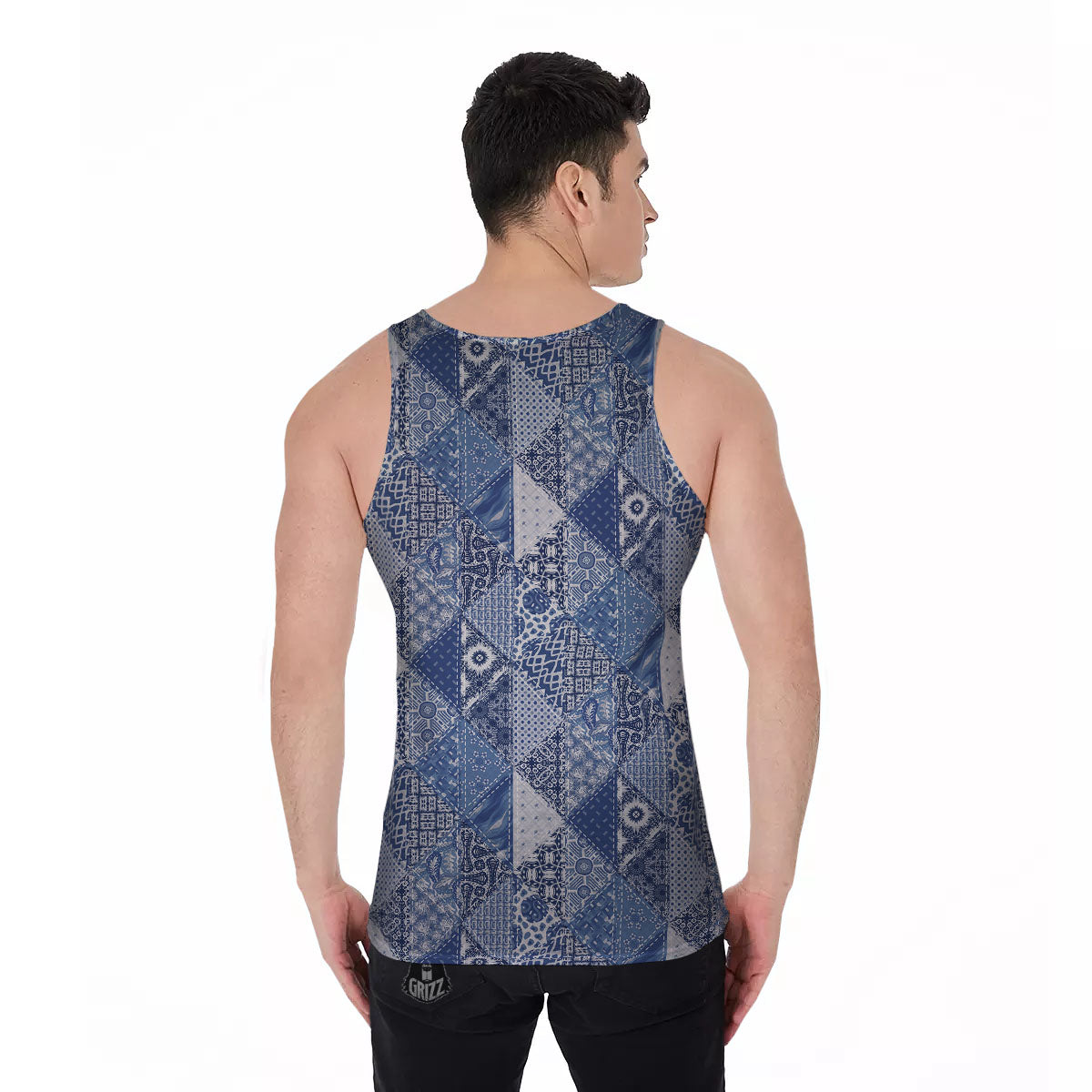 Denim Jeans Patchwork Print Pattern Men's Tank Top-grizzshop
