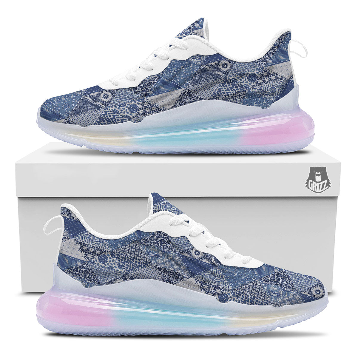 Denim Jeans Patchwork Print Pattern Running Sneakers-grizzshop