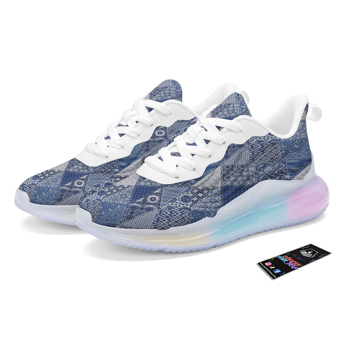 Denim Jeans Patchwork Print Pattern Running Sneakers-grizzshop