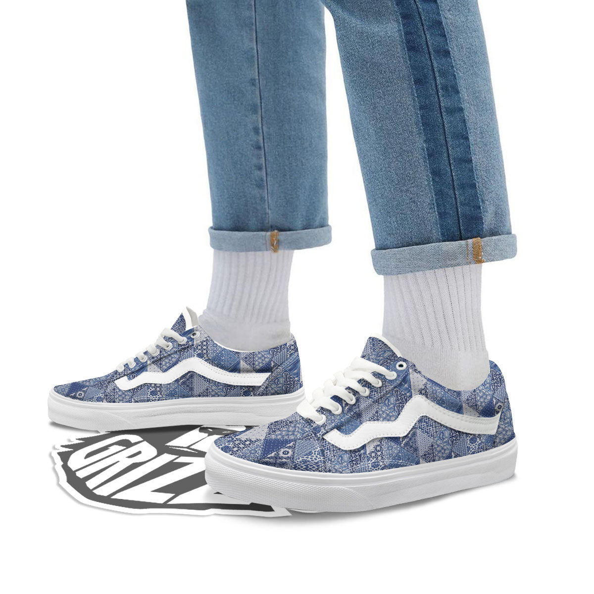 Denim Jeans Patchwork Print Pattern Skate Shoes-grizzshop