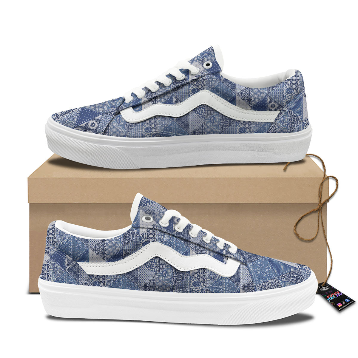 Denim Jeans Patchwork Print Pattern Skate Shoes-grizzshop