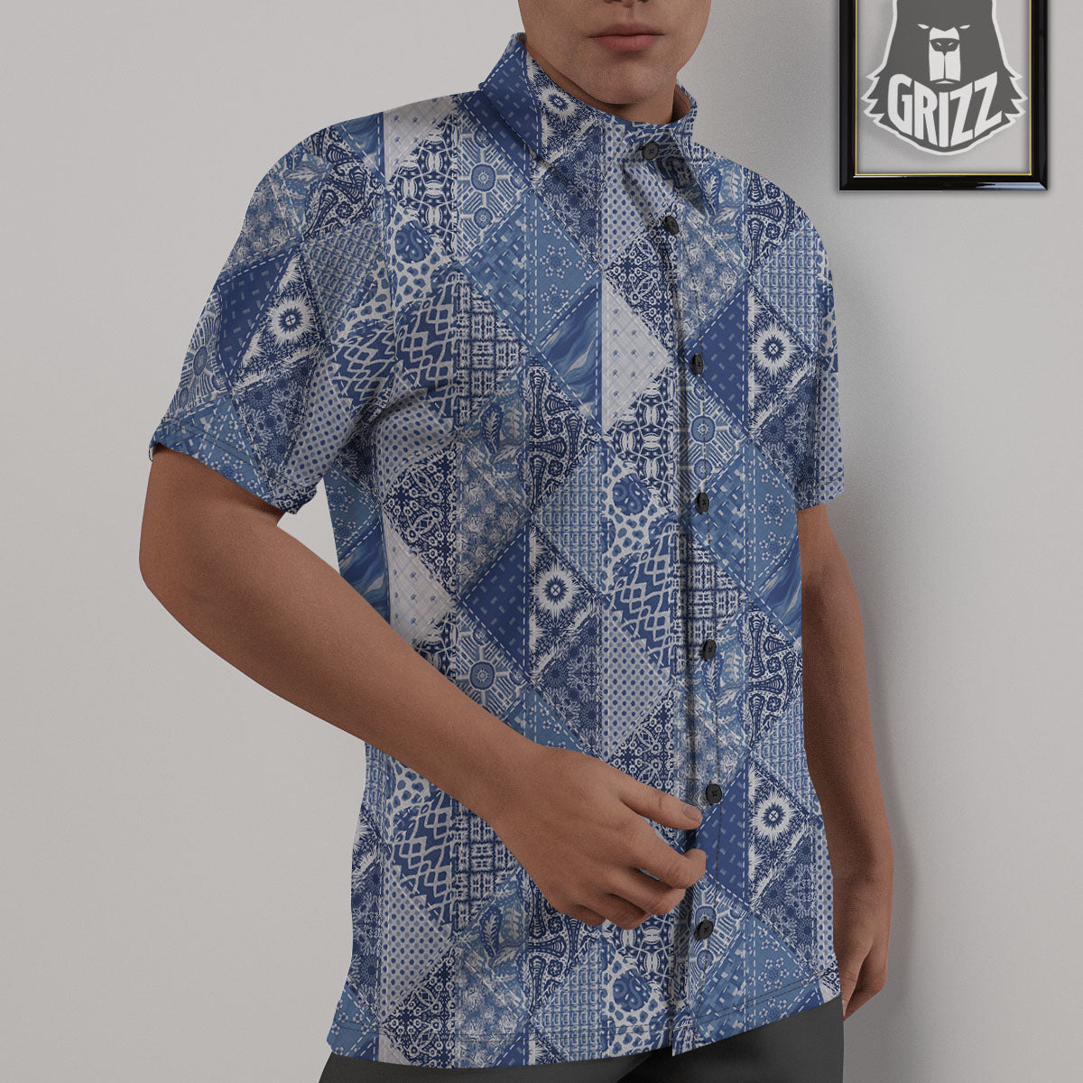 Denim Jeans Patchwork Print Pattern Untucked Shirts-grizzshop