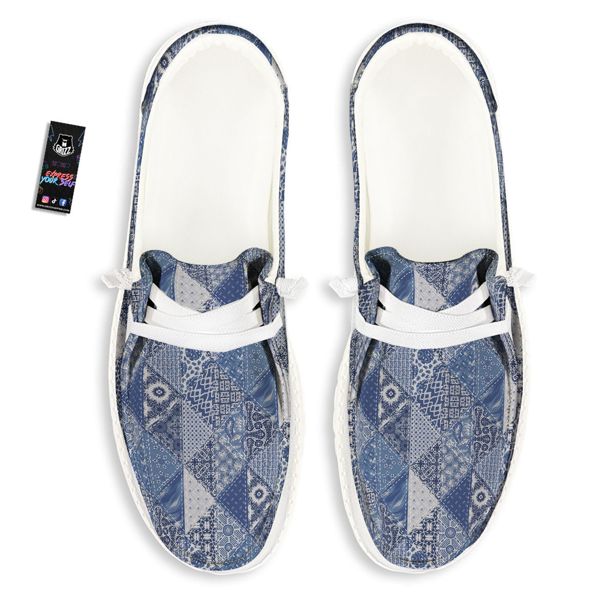 Denim Jeans Patchwork Print Pattern White Loafers-grizzshop