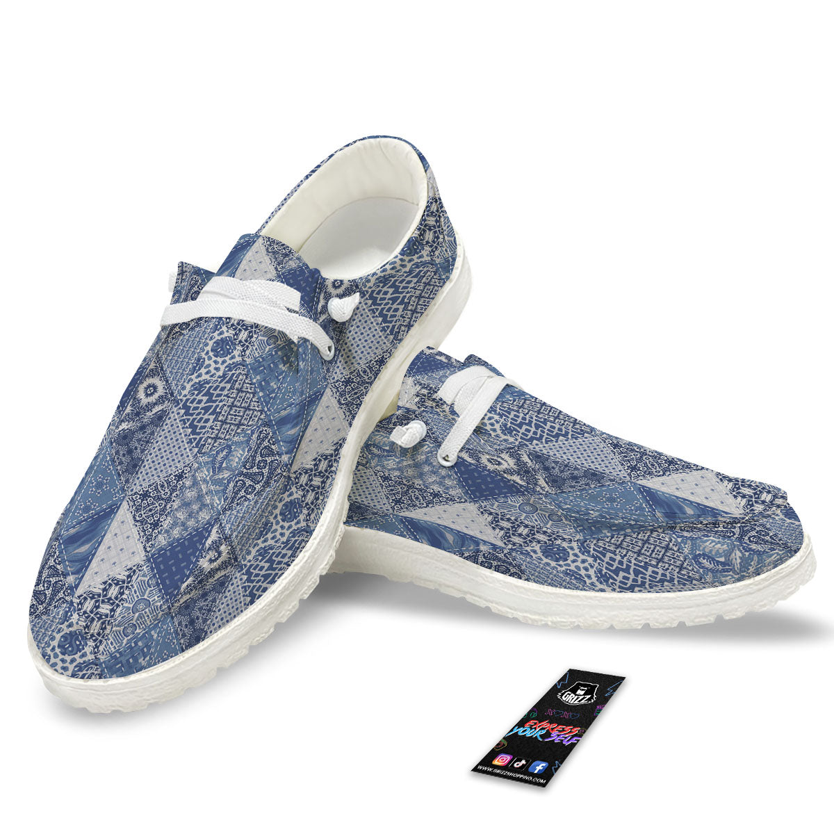 Denim Jeans Patchwork Print Pattern White Loafers-grizzshop