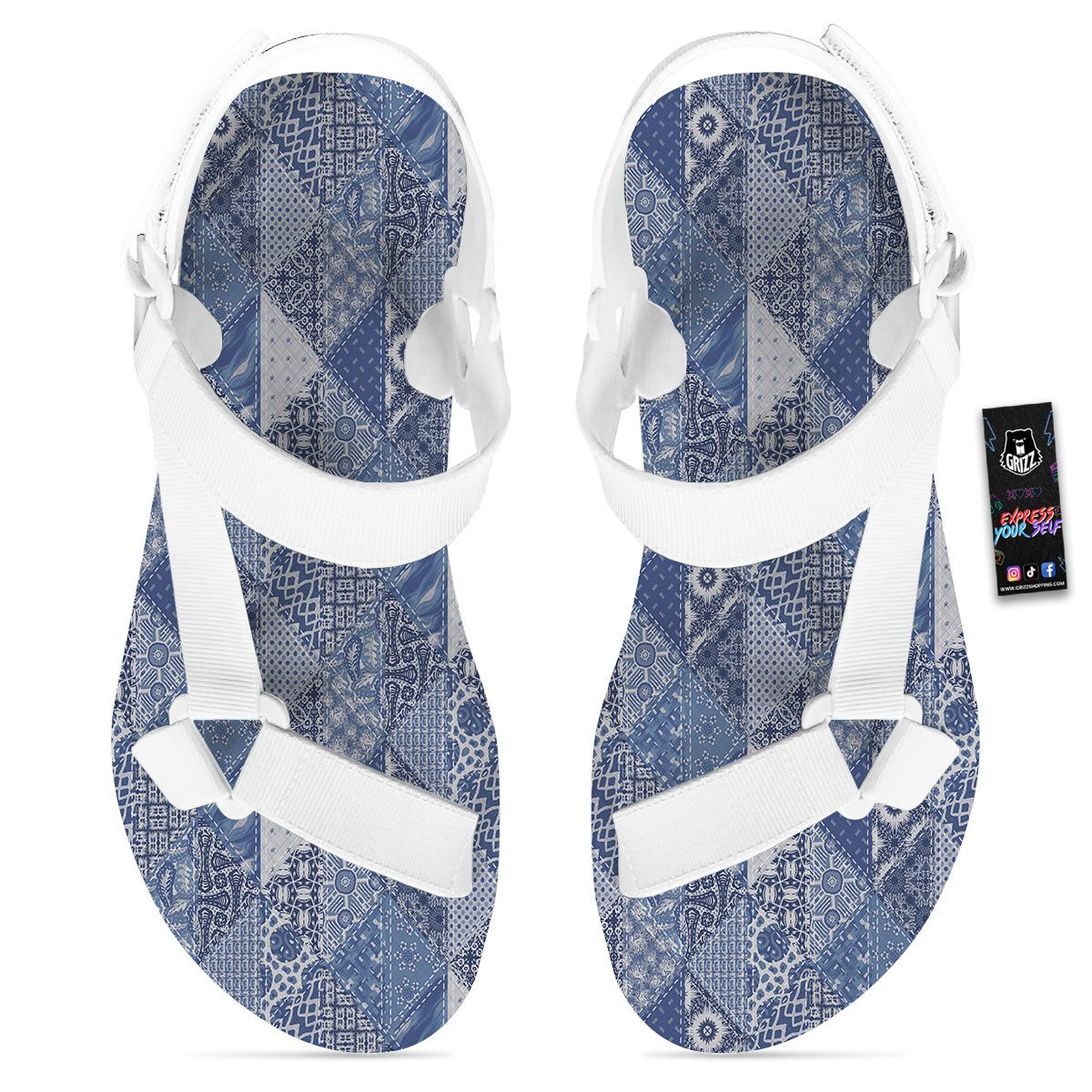 Denim Jeans Patchwork Print Pattern White Open Toe Sandals-grizzshop